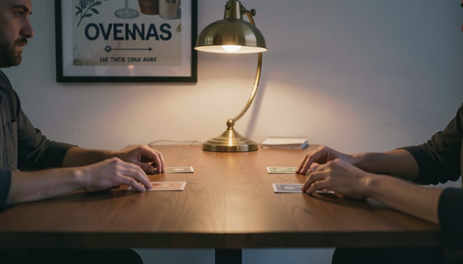 Card table at dusk with four dealt hands waiting face down, a brass lamp lit above and a sign in frame on the wall
