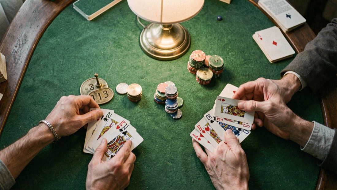 Green felt card table seen from above with four hands of playing cards, brass score counters and a stack of chips under a warm lamp