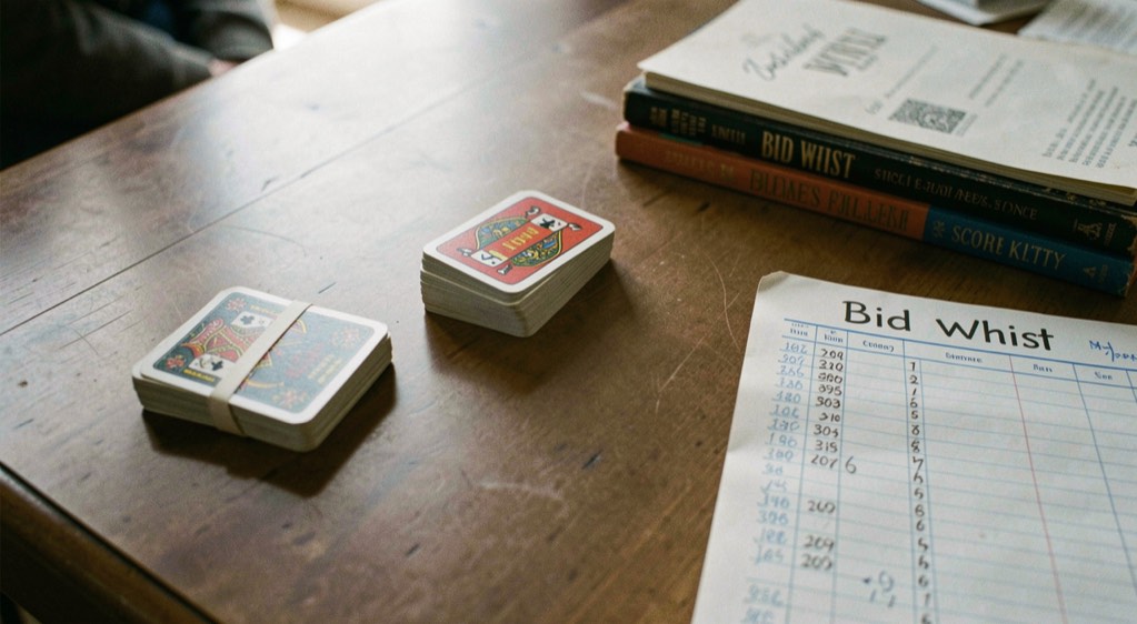Bid Whist table with jokers on top of the deck, a six card kitty set aside and a score sheet ruled in books and points