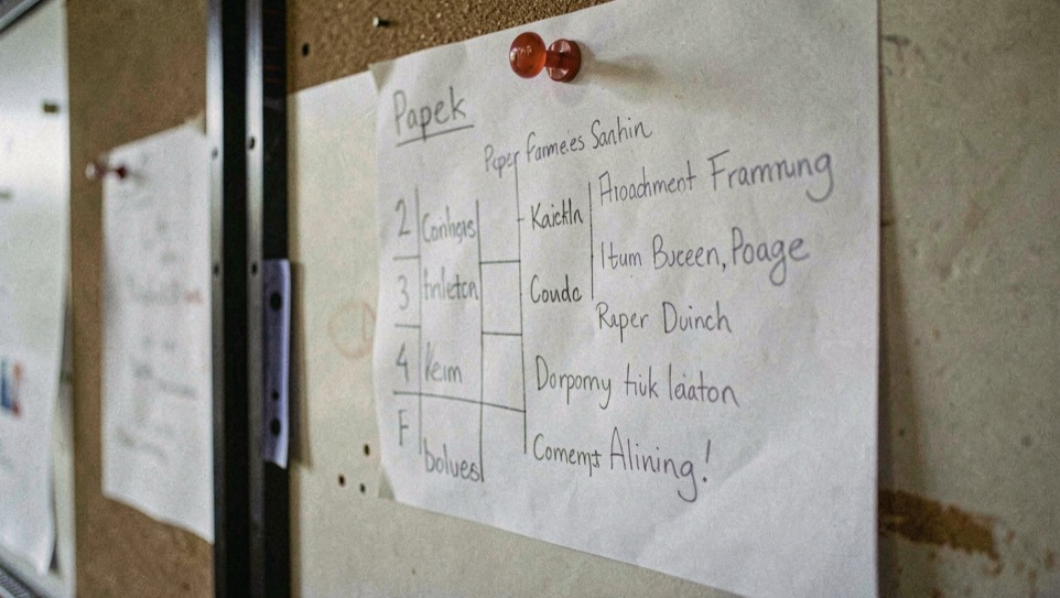 Paper tournament bracket sheet pinned to a board with team names written in pencil next to numbered round markers