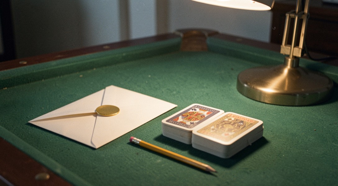 Envelope resting beside two decks of cards and a pencil on a green felt table under a warm desk lamp