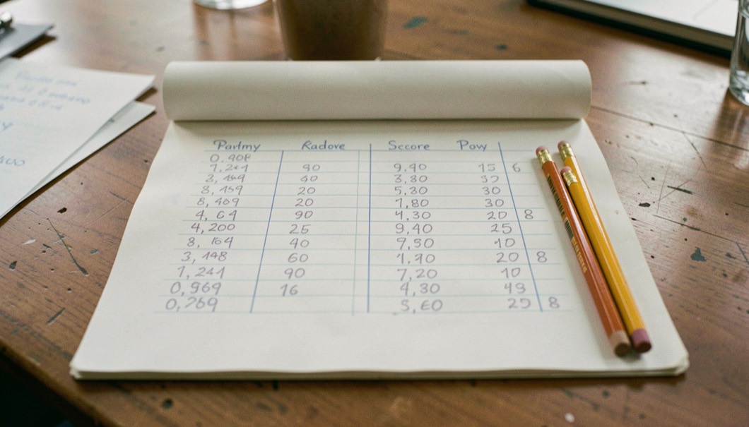 A wooden table by a window in late afternoon light, a steel crochet hook resting on a half-finished cotton washcloth, a ball of cream yarn and a paper pattern with a sticky note marking the current row, shot from slightly above.
