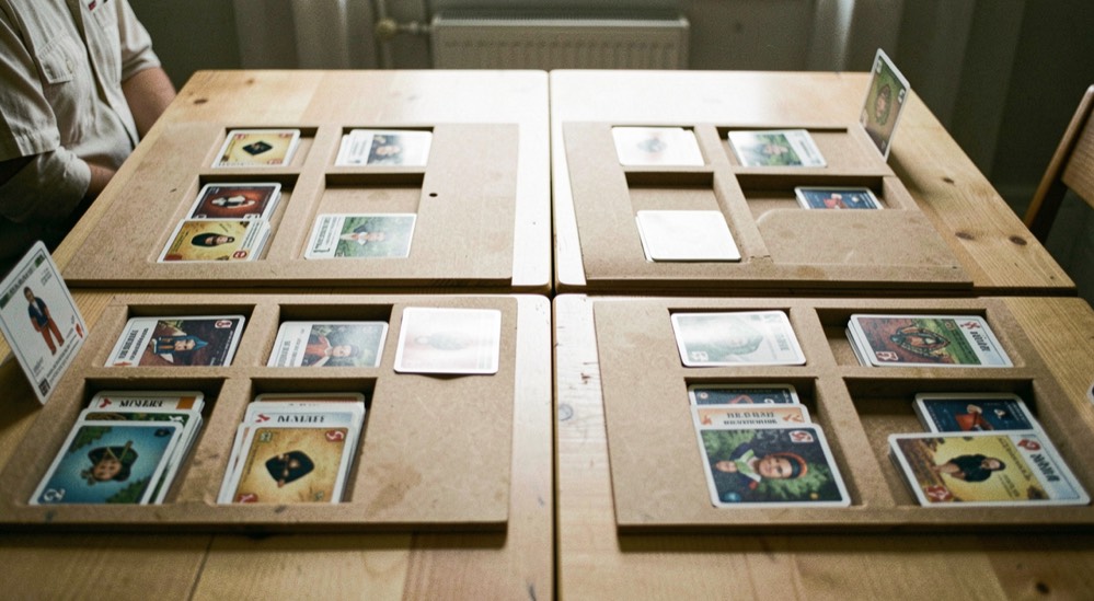 Duplicate card boards with four pockets holding sorted hands beside player cards arranged on two parallel tables
