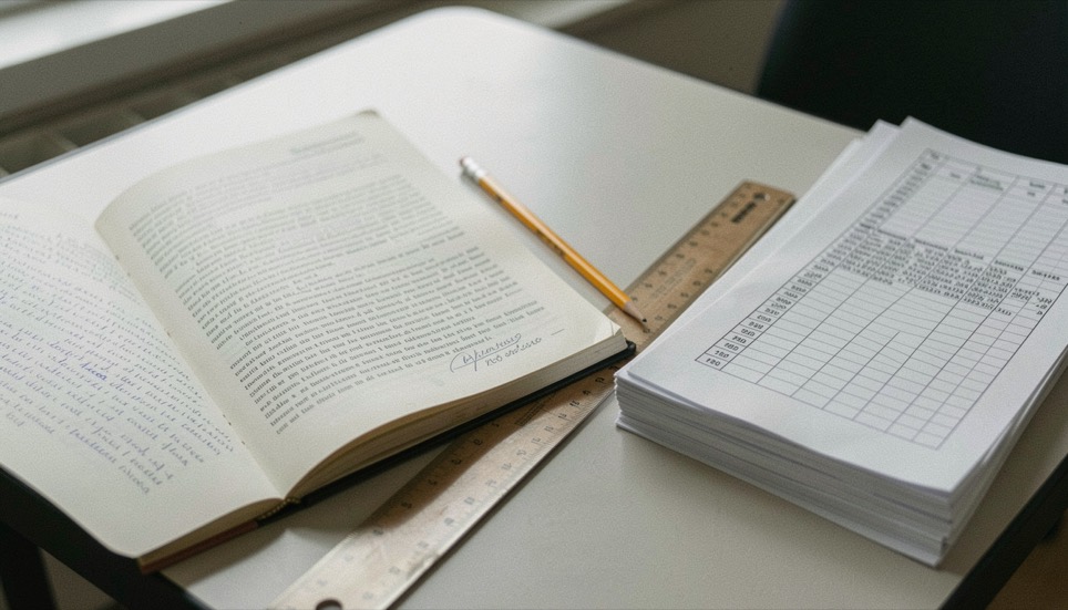 Open rule book beside a ruler and pencil on a card table with a stack of checked score sheets at the edge