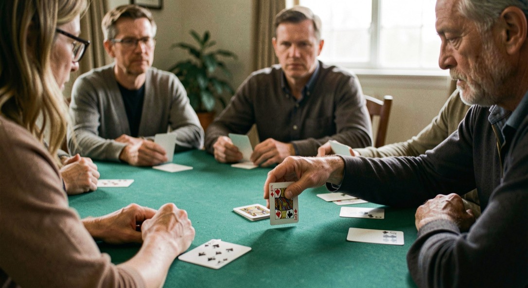 Euchre player deciding over a turned jack on green felt while the opposing partnership watches from across the table