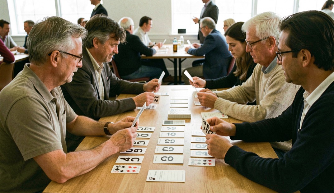 Four players at a numbered card table comparing tally cards during a rotation round of a large euchre tournament night