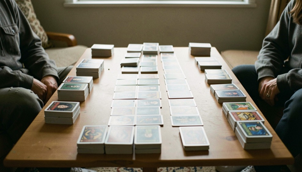 Card night table covered with several merged decks, long meld rows of cards and two face down foot piles beside each player