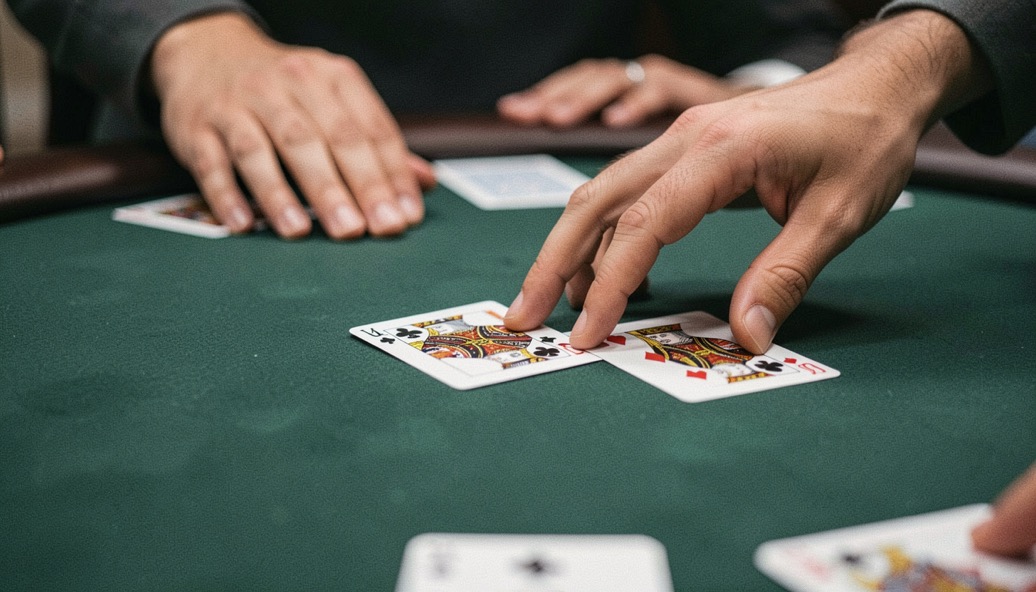 Three playing cards mid pass across a card table while the receiving player reaches toward them over a dark green felt cloth