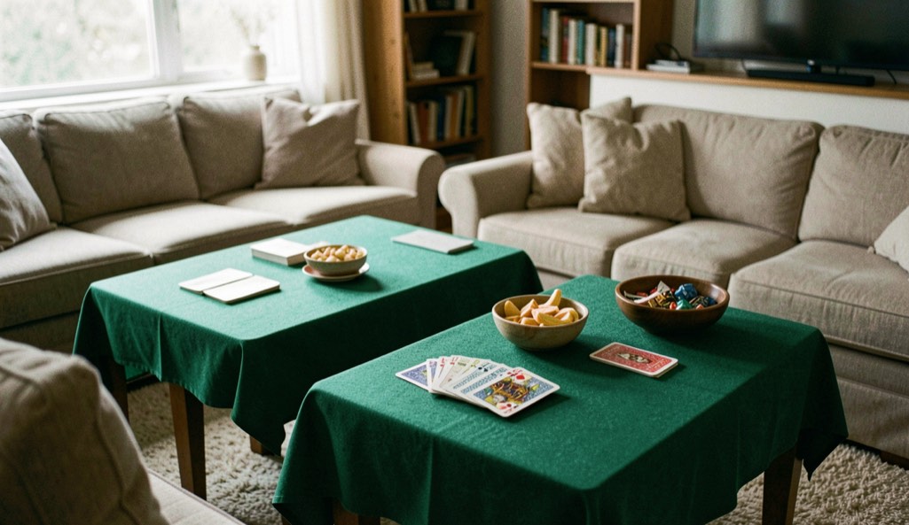 Living room prepared for card night with two felt covered tables, fresh decks, and snack bowls set well away from the play