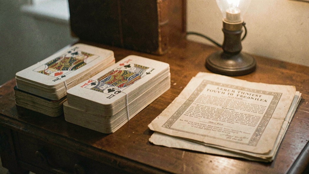 Two copies of a pinochle deck beside an early twentieth century rule booklet on a table under warm lamplight