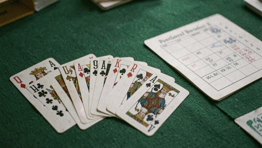 Pinochle hand of twelve cards fanned on green felt showing paired ranks of a 48 card deck beside a paper bid pad