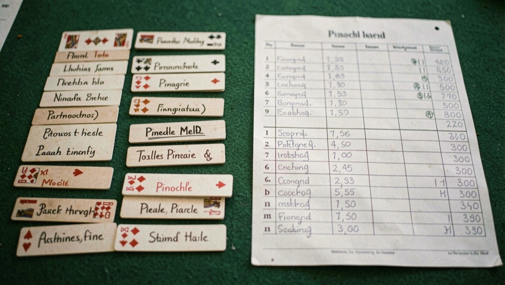 Pinochle meld laid out in labeled rows on green felt beside a two column score sheet filled with penciled totals