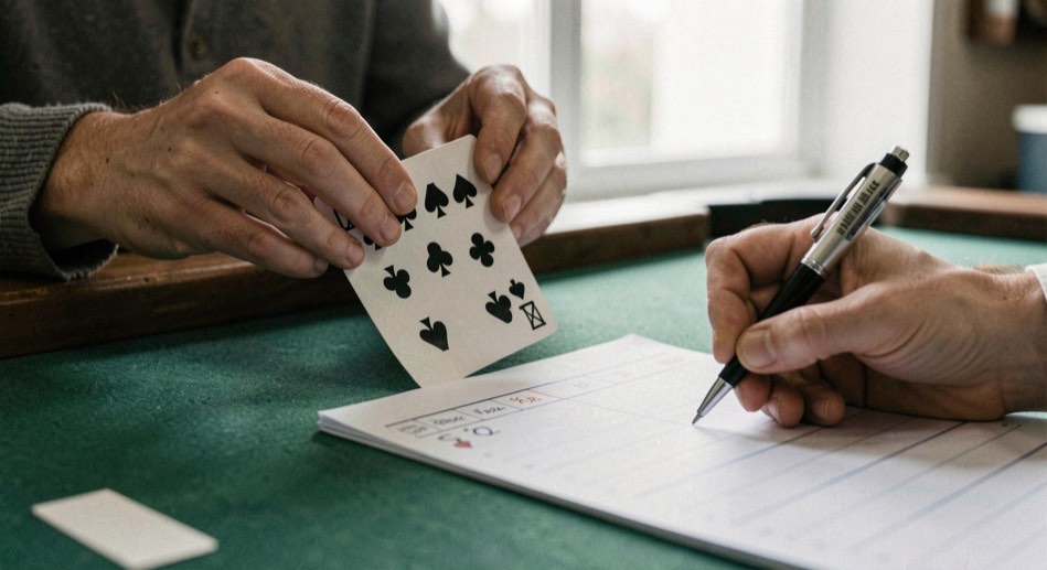 Spades player holding a long trump suit above the table edge while a partner writes a bid on a paper score pad