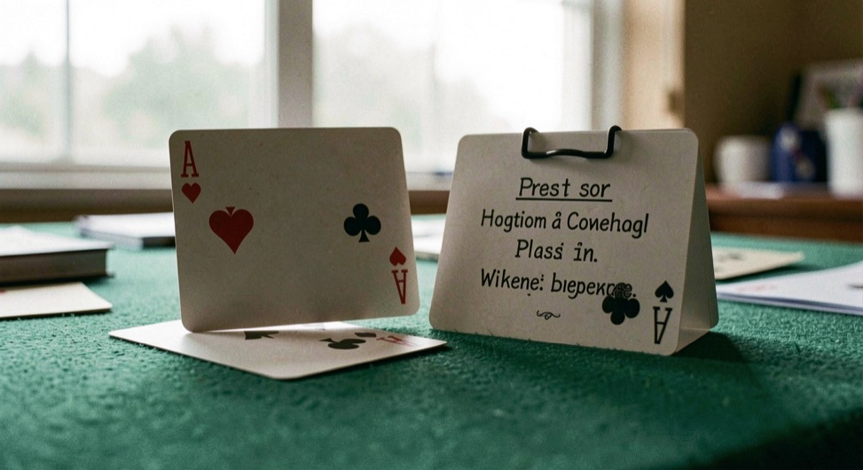 Playing card propped upright on a table like a small sign next to a labeled paper card holder on green felt