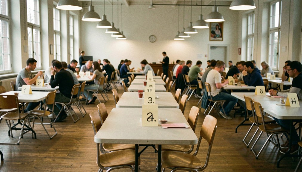 Tournament hall with rows of card tables numbered by paper markers where players pair off under hanging lights