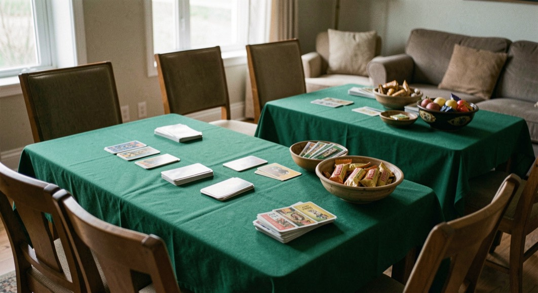 Living room set for a card night with two tables of green felt cloth, bowls of snacks kept away from the decks and extra chairs