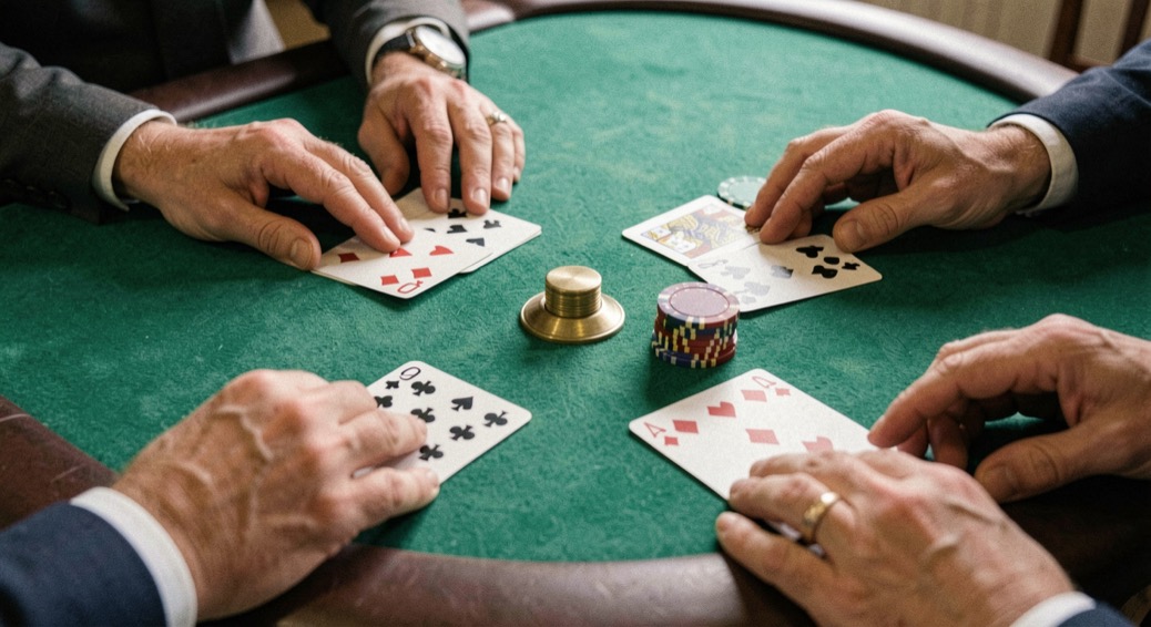Four hands of playing cards laid around a green felt table beside a brass dealer button and a small stack of chips
